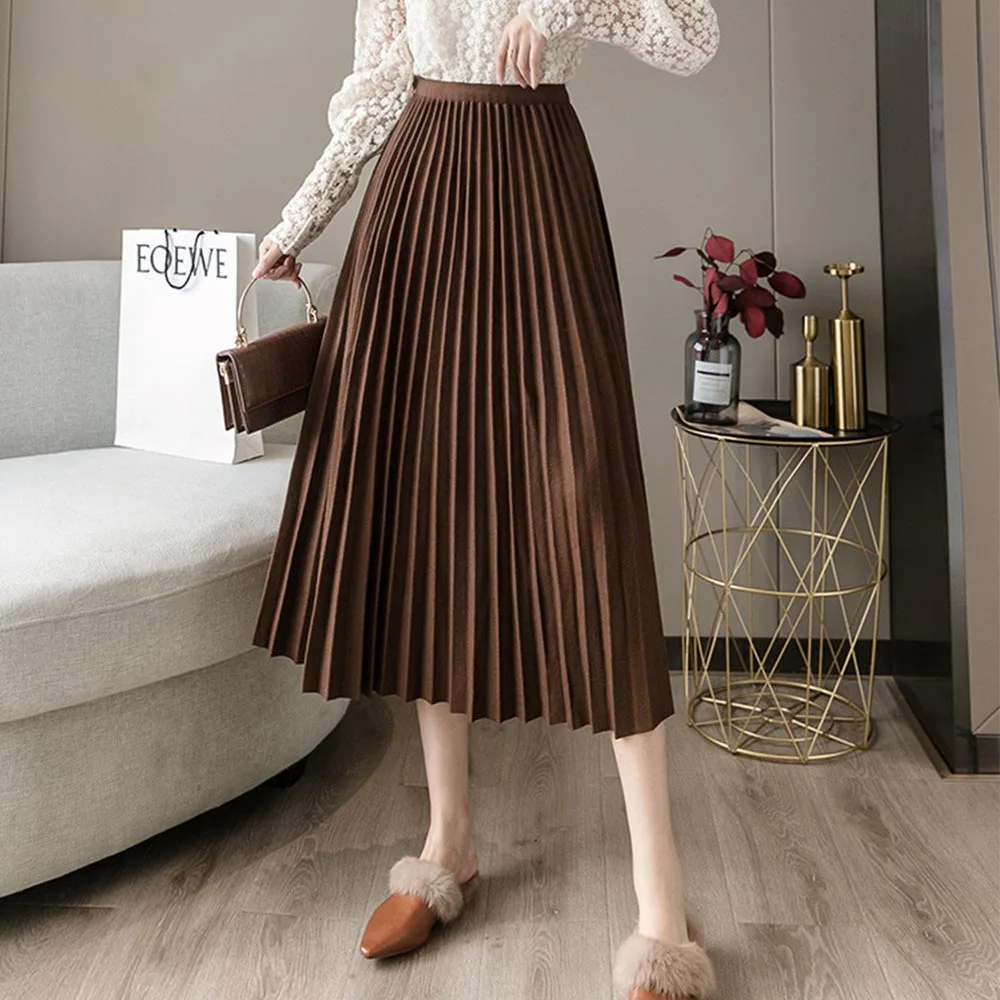 Woolen Pleated Skirts Womens Fashion High Waist Black Gray Skirt Loose Thick Warm 2021 Autumn Winter Long Skirt VD2382