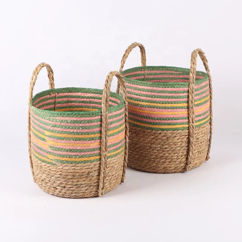 Nordic Style  Handmade Seagrass Basket Plant Flower Baskets Wholesale With Handle For Home Storage