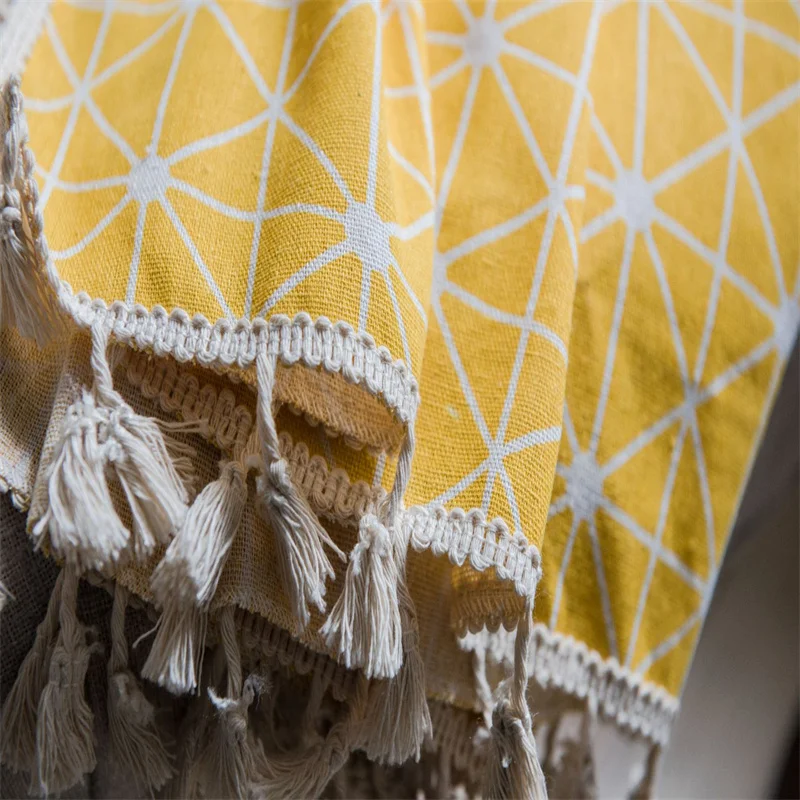 Japanese Style Yellow Geometric Design Printed Curtains With Tassels Modern Simple Country House Curtains