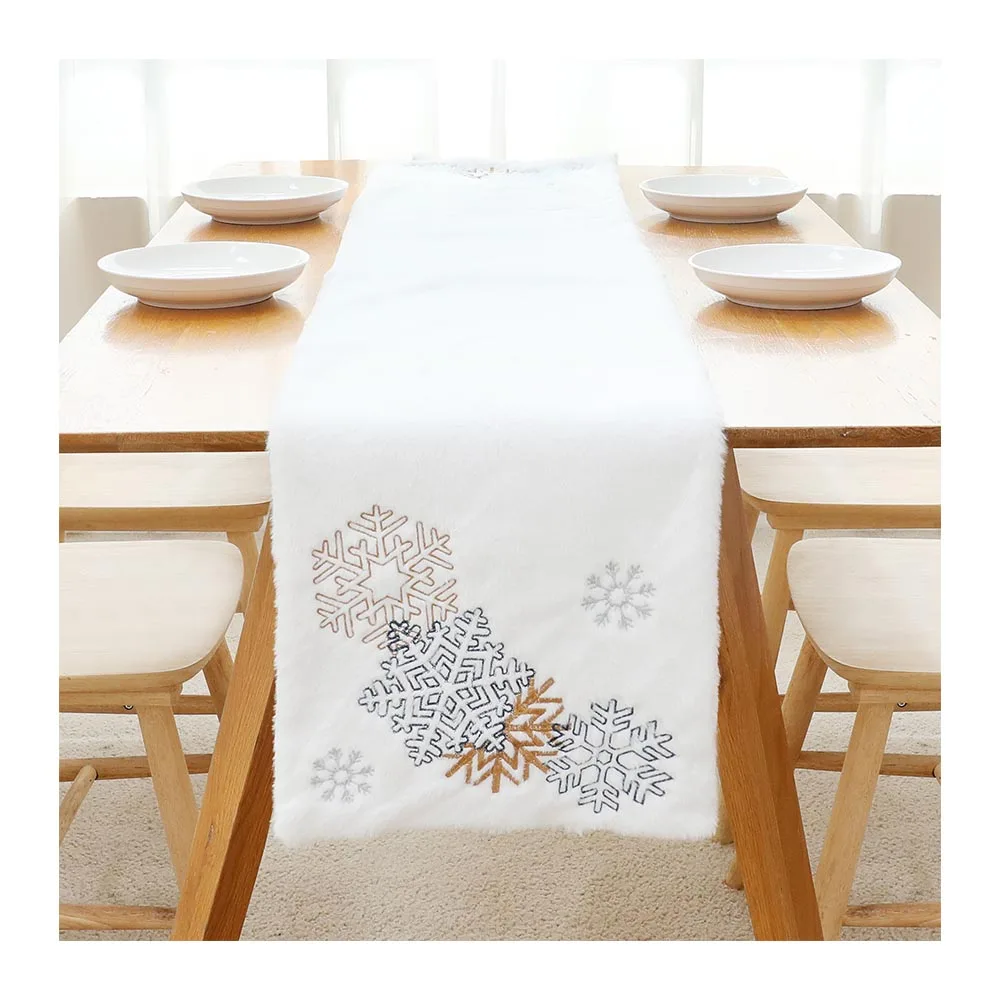 Wholesale christmas decorations white fluffy table runner nordic style snowflake table runner christmas