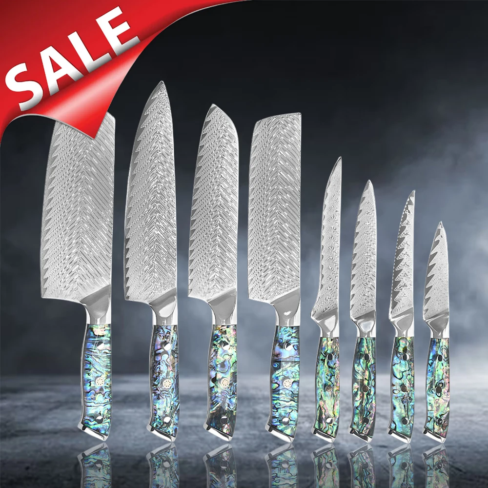 Big Discount Abalone Handle Commercial Kitchen Knives Japanese Kitchen Knife Set Damascus Vg 10 Knife Sets With Gift Box