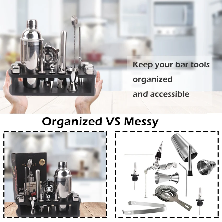 22-Piece Bartender Kit Drink Shaker Stainless Steel Cocktail Shaker Set with Black Wooden Stand