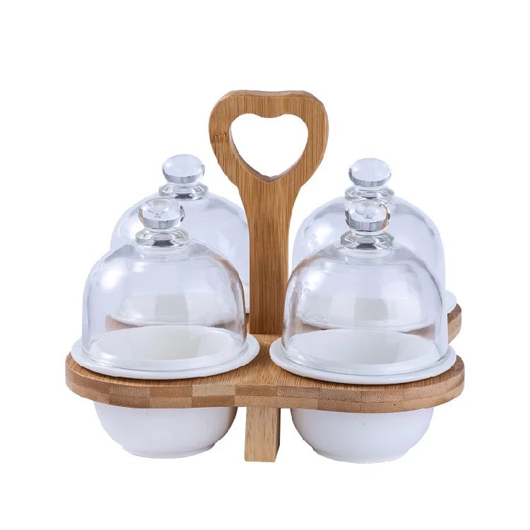 EcoFriendly Ceramic Fruit Plate Set with Bamboo Stand and Glass Lid Ideal for Hotel Salad Ice Cream Dessert Plate set
