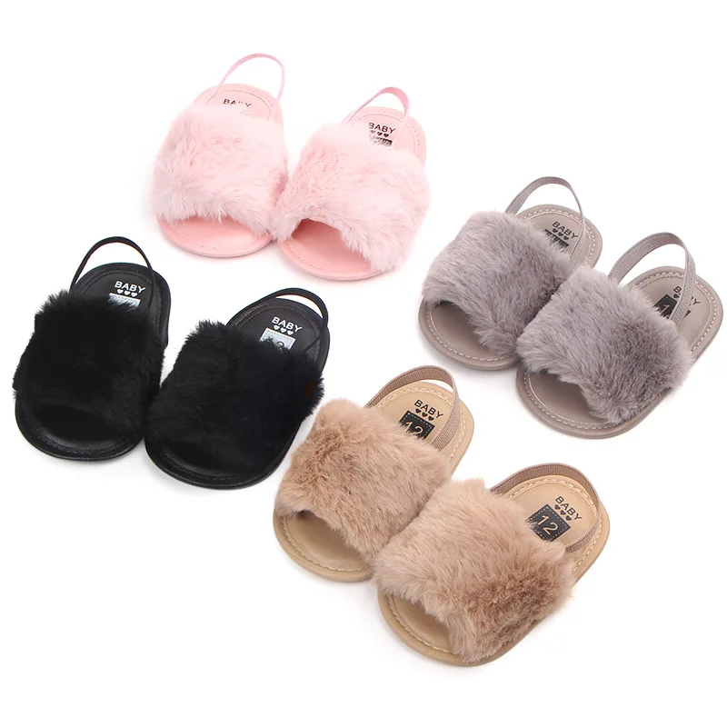 Fashion Cartoon Summer Baby Girls Plush Sandals Baby Fur Slippers Newborn Shoes Sandals