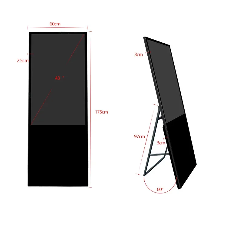 Portable 43 49 55  Inch LCD Advertising Totem Digital Signage Kiosks with CMS Software Advertising Player