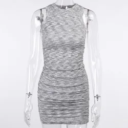 Sexy Slim Vest Hip Wrap Skirt Knitted Sleeveless Crew Neck Bodycon Mini Dress For Women