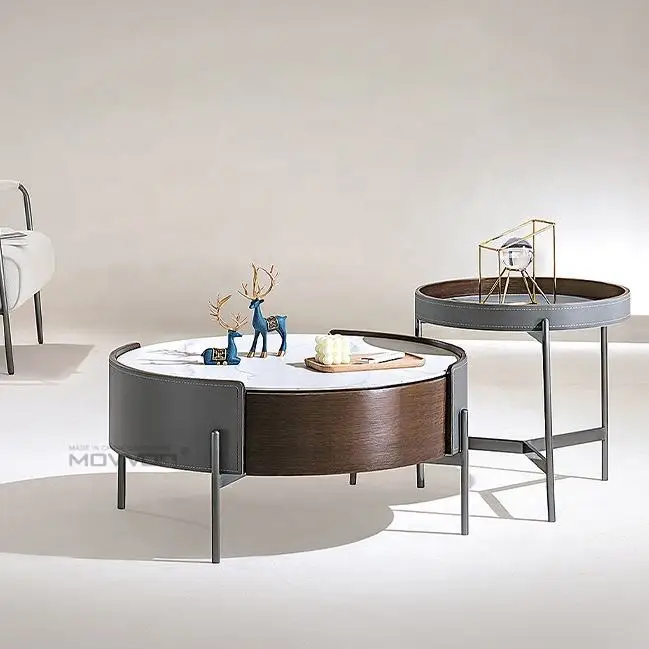 Italian round rock slab simple saddle leather solid wood living room home coffee table combination