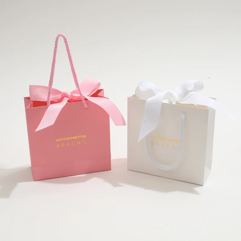 Luxury OEM Jewelry Paper Bag Custom Logo Printing Small Wedding Gift Shopping Jewelry Packaging Paper Bag with Ribbon