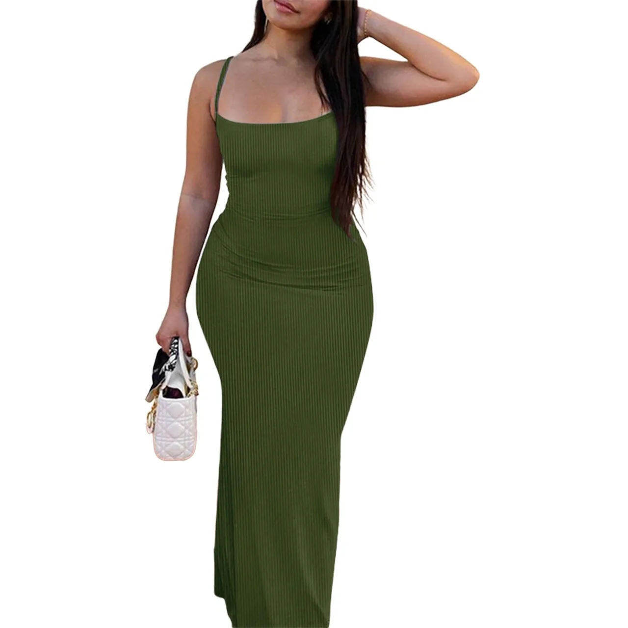 Women Clothing Casual Dresses Trendy Solid Spaghetti Knitted Dress Bodycon Maxi Long Ribbed Dress For Women