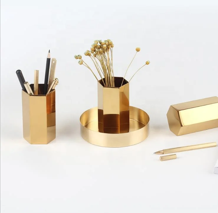 Gold circular Hexagon pen container
