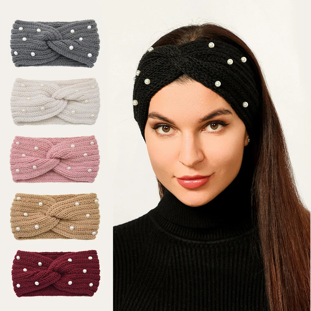 SAIJE New Handmade Pearl Knitted Cross Headbands For Women Girls Winter Headwear Ear Warmer Elastic Hair band