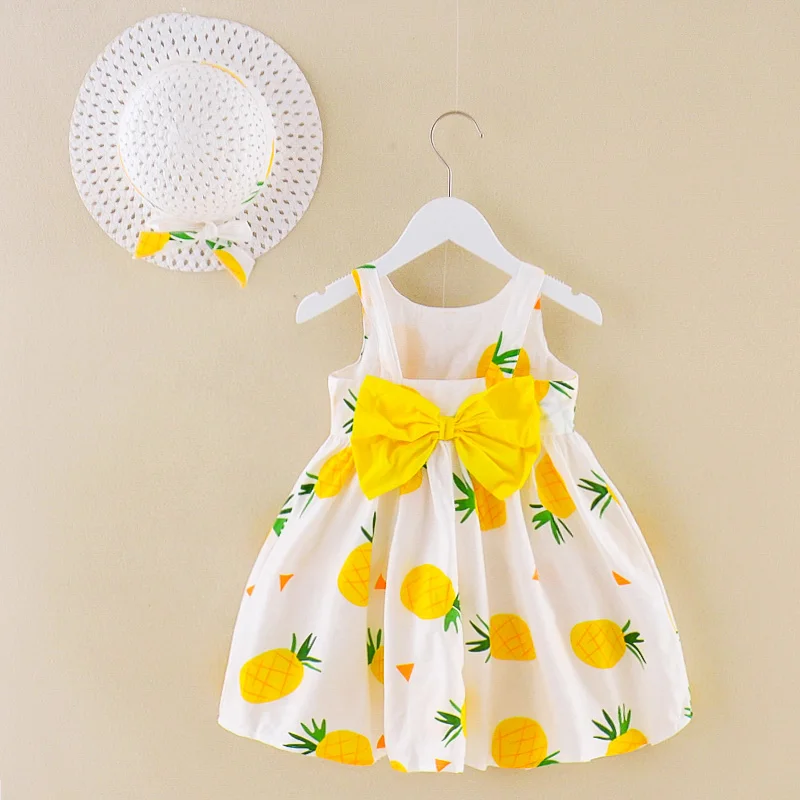 
China Huzhou factory custom cheap pretty cute sleeveless summer pineapple printed frock dress with straw hat and bow 