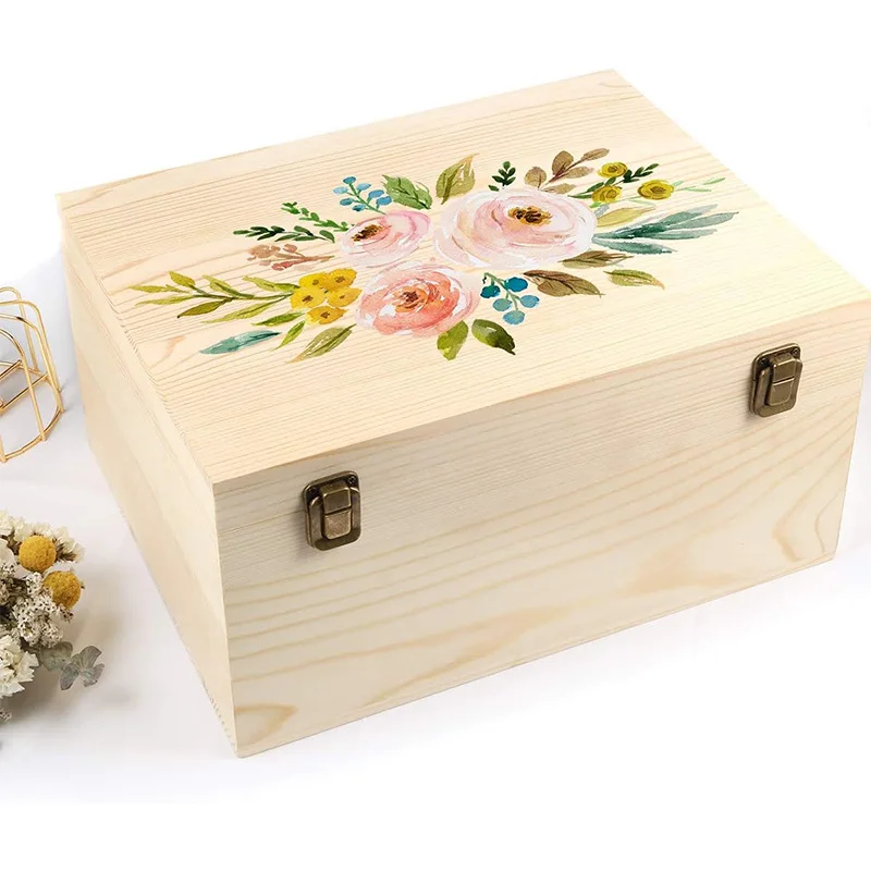 ESTICK Unfinished  Natural Unfinished Pine Wood Box with Hinged Lid and Front Clasp Wooden Box