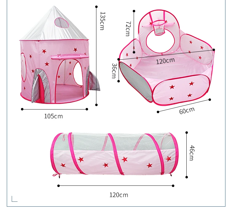 3 In 1 Pink Rocket Ship Kids Play Tent Foldable Indoor Outdoor Crawling Tunnel Ball Pit with Basketball Hoop Free Zipper Bag