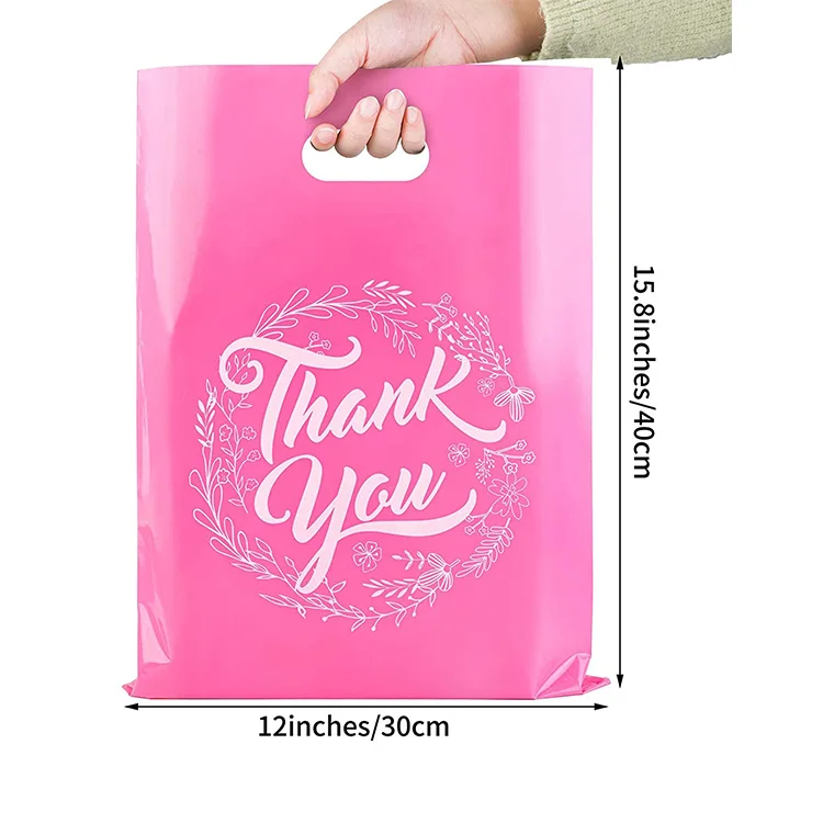 2 Mil LDPE Recyclable Shopping Bags 12x15 Die Cut Heat Seal Handle Gusset Type Grocery Industrial Use Thank You Logo Pink