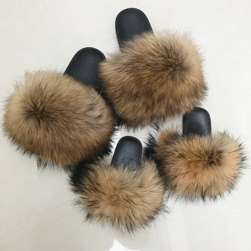 
Real Fur Slides Raccoon Fox Slides Fuzzy Sandals Furry Slides Kids Fur Slippers 