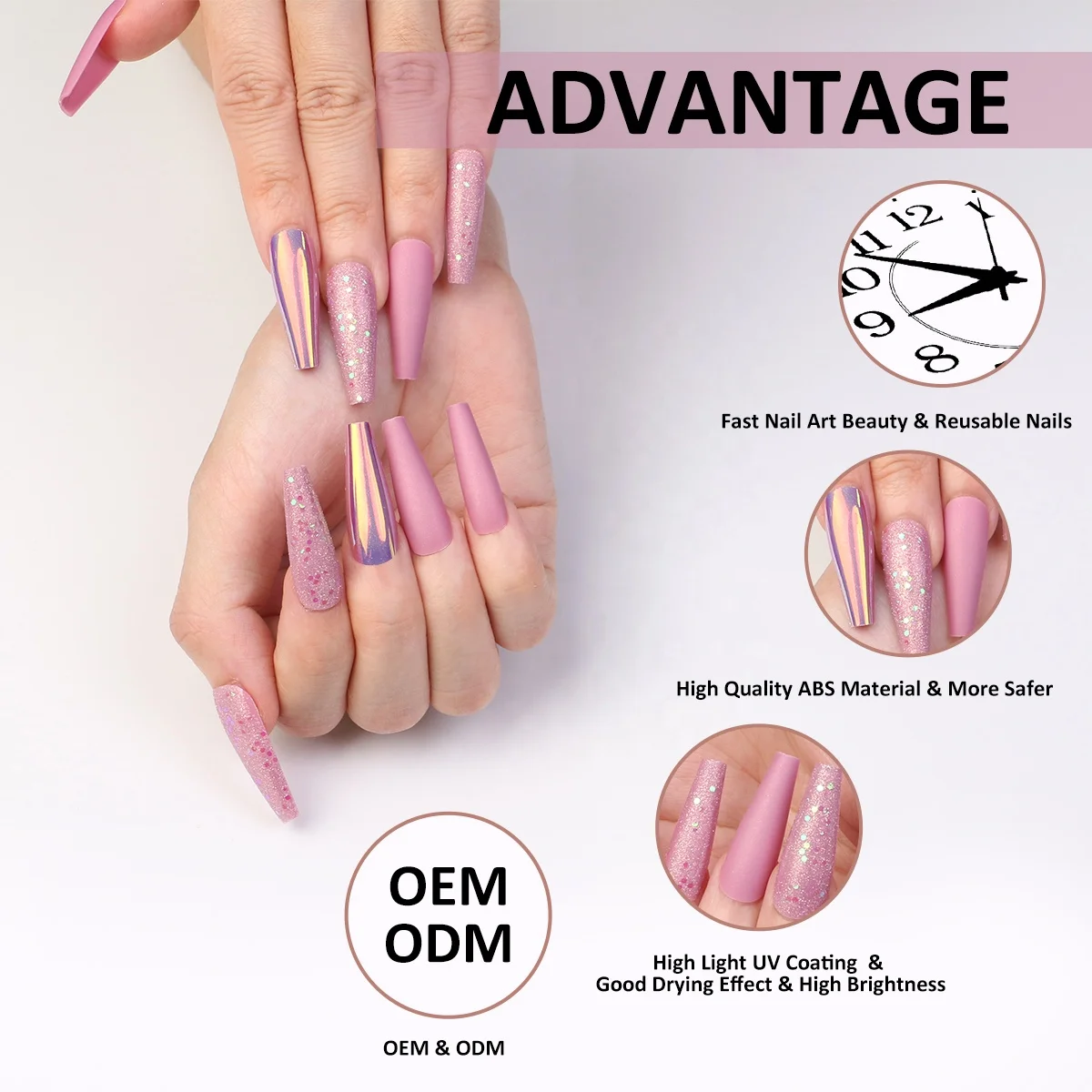 Gelsky 30Pcs Press On Nail Packaging Box Pink Long Straight False Nails Low Moq Press On Nails