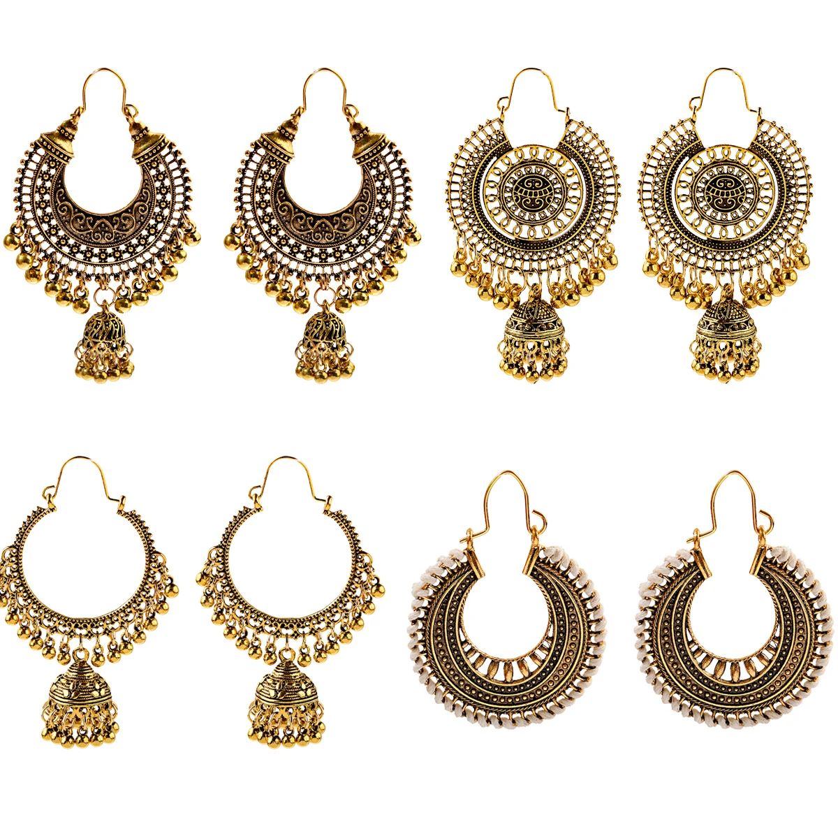 Douvei Bohemian Hollow Carved Indian Women Gold Plated Drop Round Bead Bell Hoop Earrings Costume Crescent Earrings 4 Pcs / Set