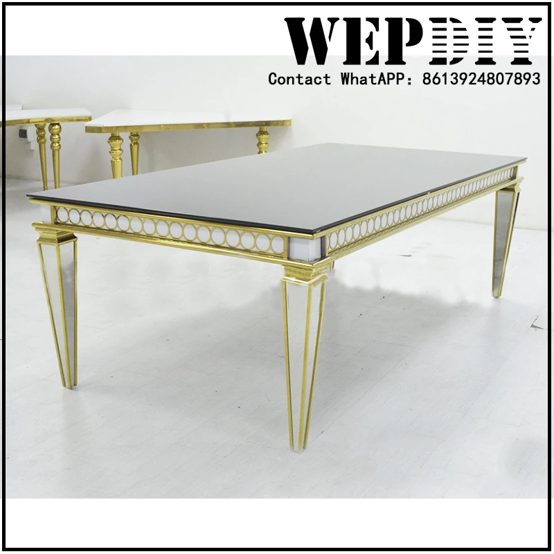 Light luxury modern golden stainless steel glass dining table and chair simple fashion hotel restaurant rectangular dining table