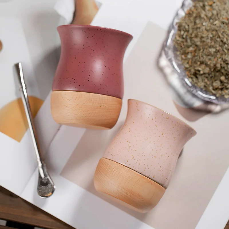 260ml Ceramic and wooden Yerba Mate Gourd Cup