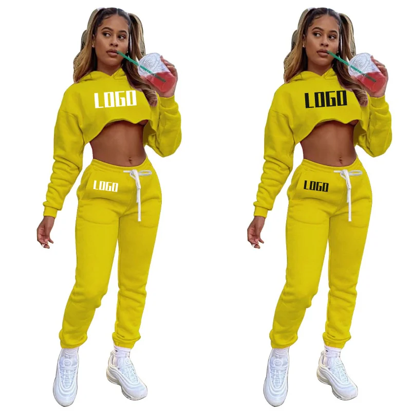  Custom LOGO Women Hoodies Sweat Suit set Tracksuit Sweatshirt Sets Crop top sweatsuit sweatpants Casual Sport Wear
