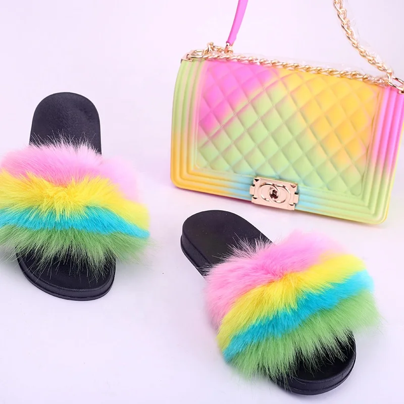 
New Women Fashionable Fluffy Fox Fur Sandals Slippers No Slip and Jelly Bag Set 