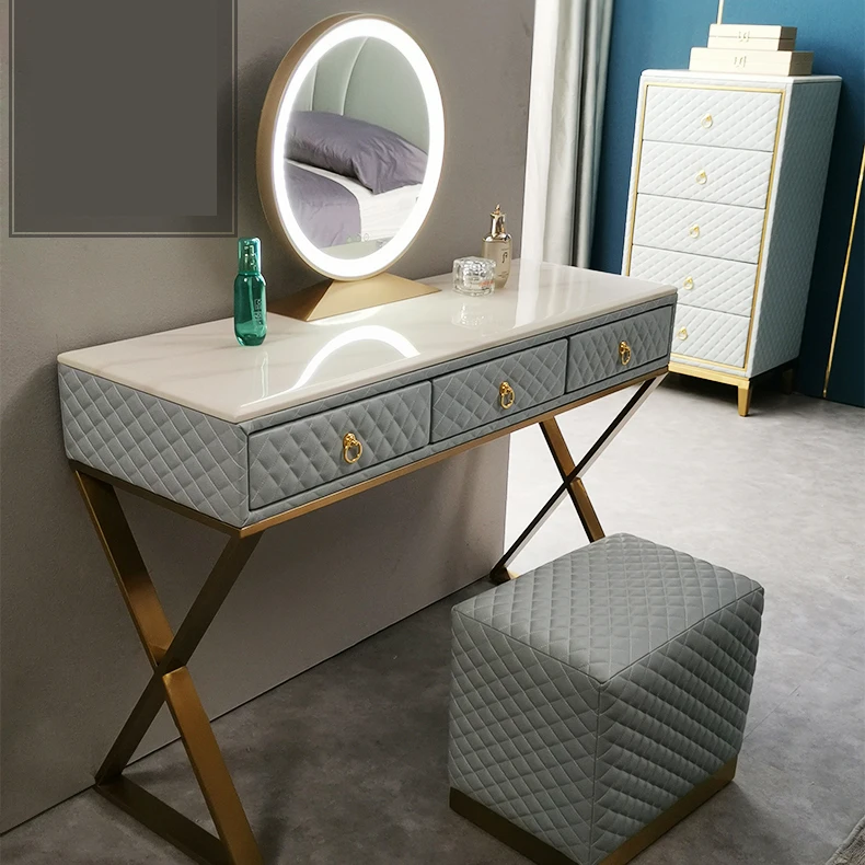 Modern makeup vanity dressing table set with mirror and stool