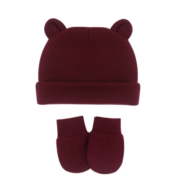 Cute Bear Ear Newborn Baby Beanie Gloves Set Cotton Knitted High Elastic Infant Warm Baby Hat for 0-12 Month