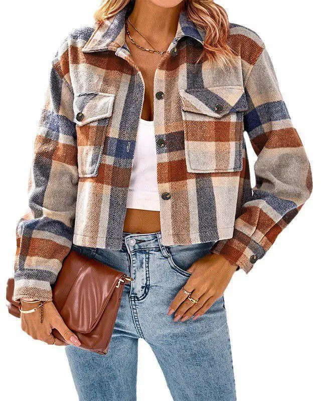 Loveda Wholesale Winter Outdoor Button up Cropped Plaid Shacket Long Sleeve Fleece Jackets Women Teddy Coat