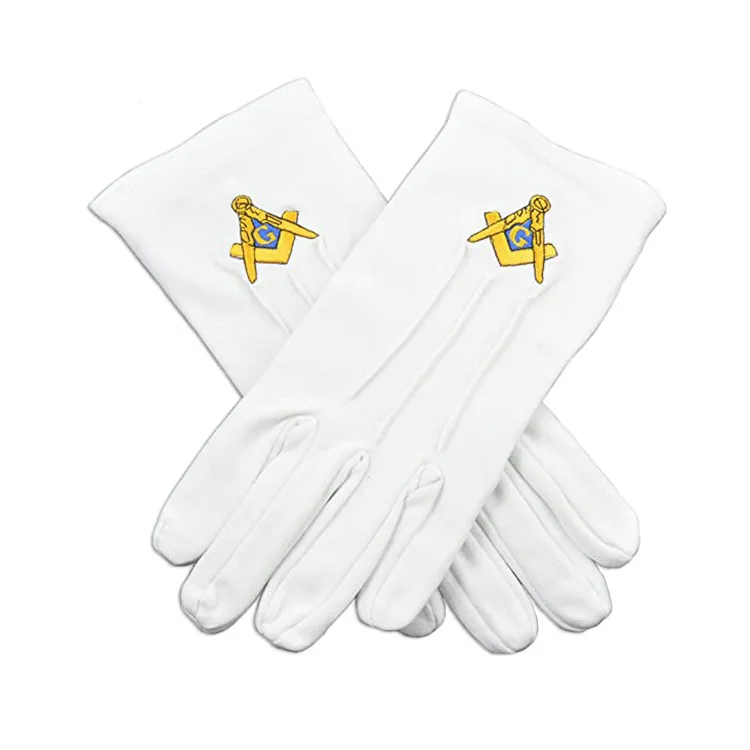 Women Men Stretch Masonic Freemasons Yellow Symbol 220 240g/sqm Thick 100% Cotton Embroidered White Gloves