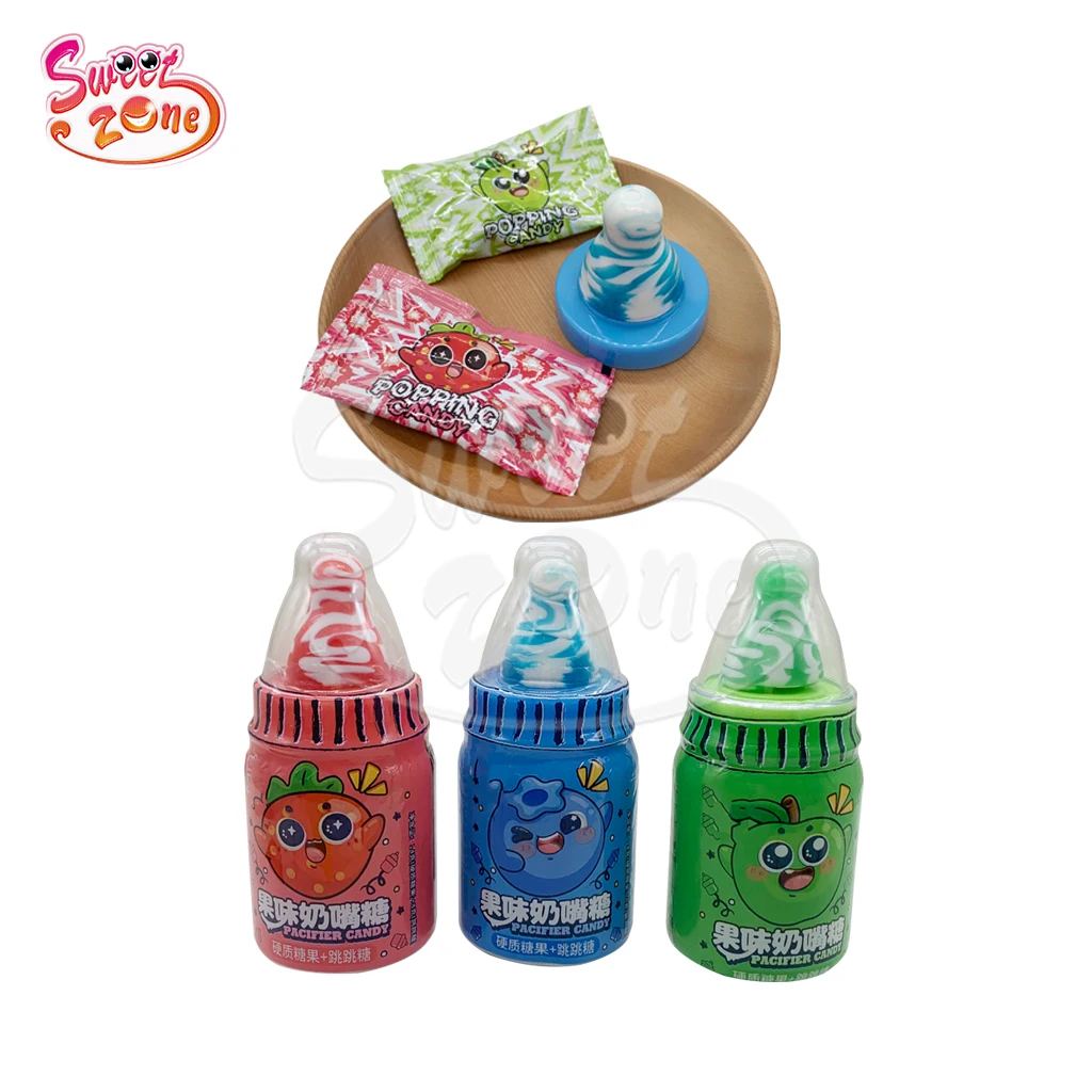 Wholesale oem plastic milk bottle shape nipple hard candy with popping candy