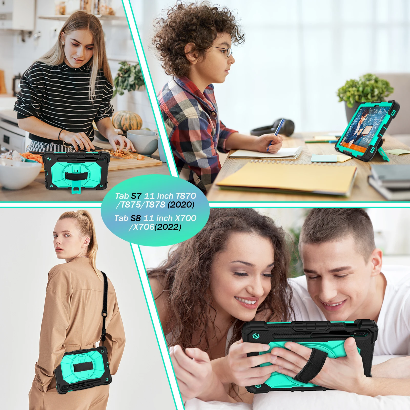 Full Body Hybrid Rugged Shoulder Hand Strap Heavy Duty Rotate Tablet Case For Samsung tab S8 plus 12.4 X800/X806 2022  A8 10.5