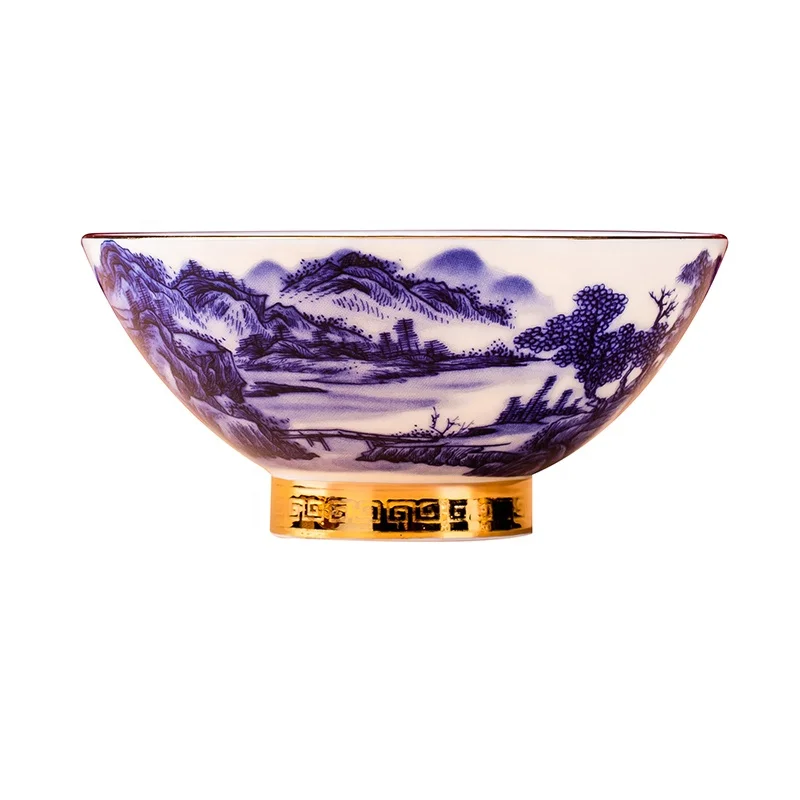 Yaoshuai Jingdezhen Chinese style Bamboo Hat Shape household blue and white porcelain glazed rice bowl antique bowl