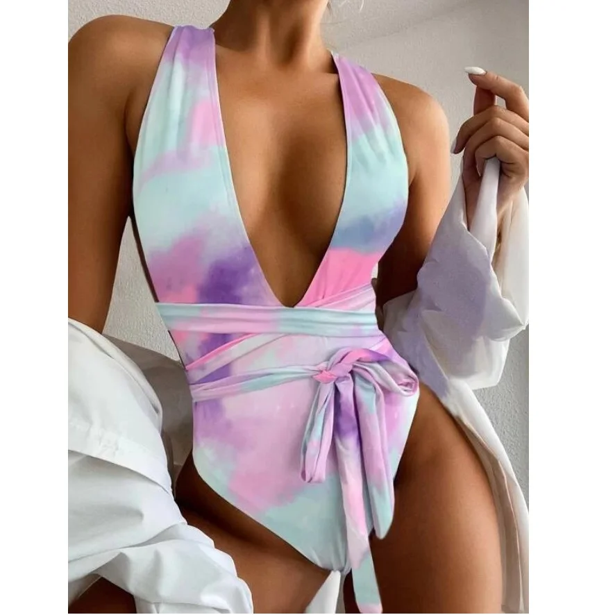 2021 New Arrival Deep V Bikini Rainbow Tie Dye Girl Open Sexi Swimsuit One Piece Bandage Bathing Suit Women Micro Bikini