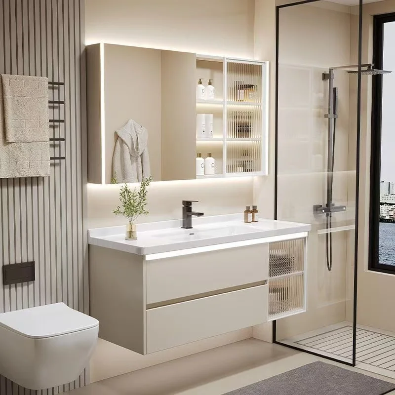 Luxury Double Sink Basin Bathroom Vanity Cabinet Wall Mounted with Mirror and Shelf Ceramic Bathroom Vanities