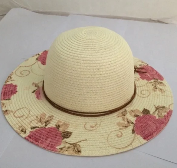 Women Paper Straw Floral Printed Floppy Beads Chain Decoration Capeline Hat