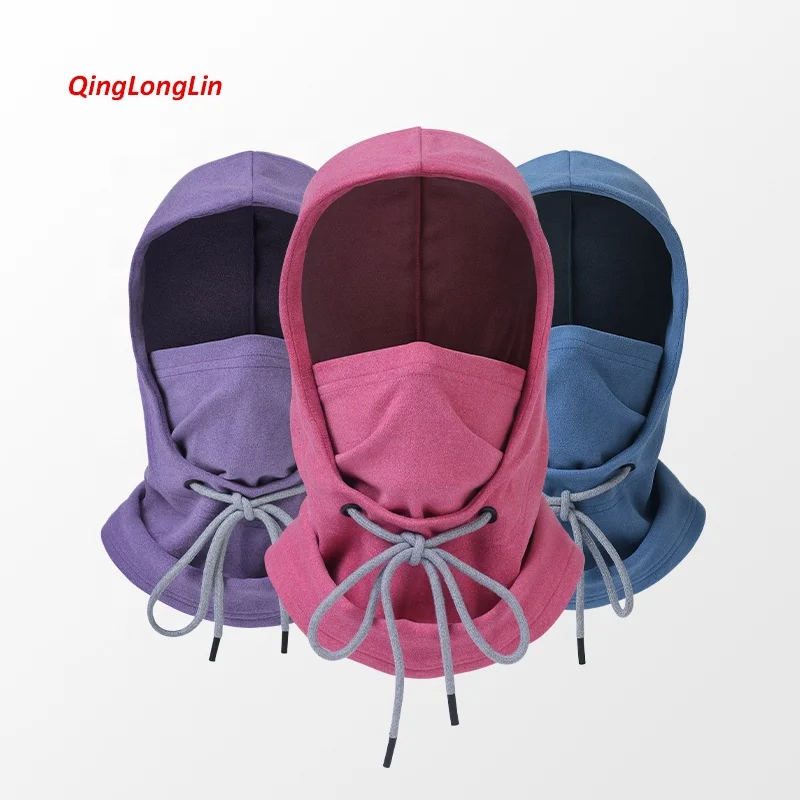 QingLongLin Skiing Winter Hat and Neck Warmer Rabbit Plush Balaclava Hood with Drawstring Plain Color Ski Hats