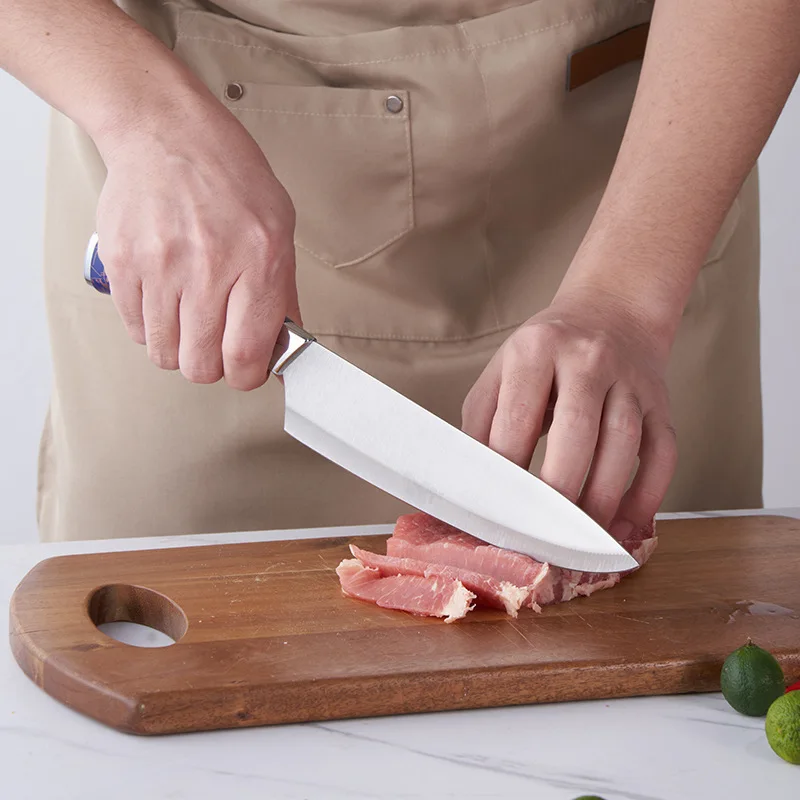 2025 new modern kitchen knives stainless steel 7 pcs chef knife set with colored handle kitchen knife set acrylic stand