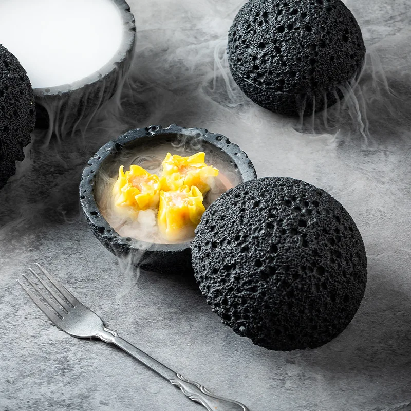 Japanese Black Cement Volcanic Stone Planet Bowls Molecular Cuisine Restaurant Tableware Dry Ice Salmon Sashimi Seafood Plates