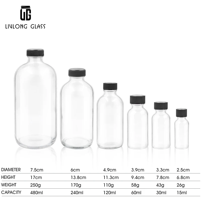 factory direct sales15ml 30ml 60ml 120ml 240ml 480ml clear transparent boston round glass bottles