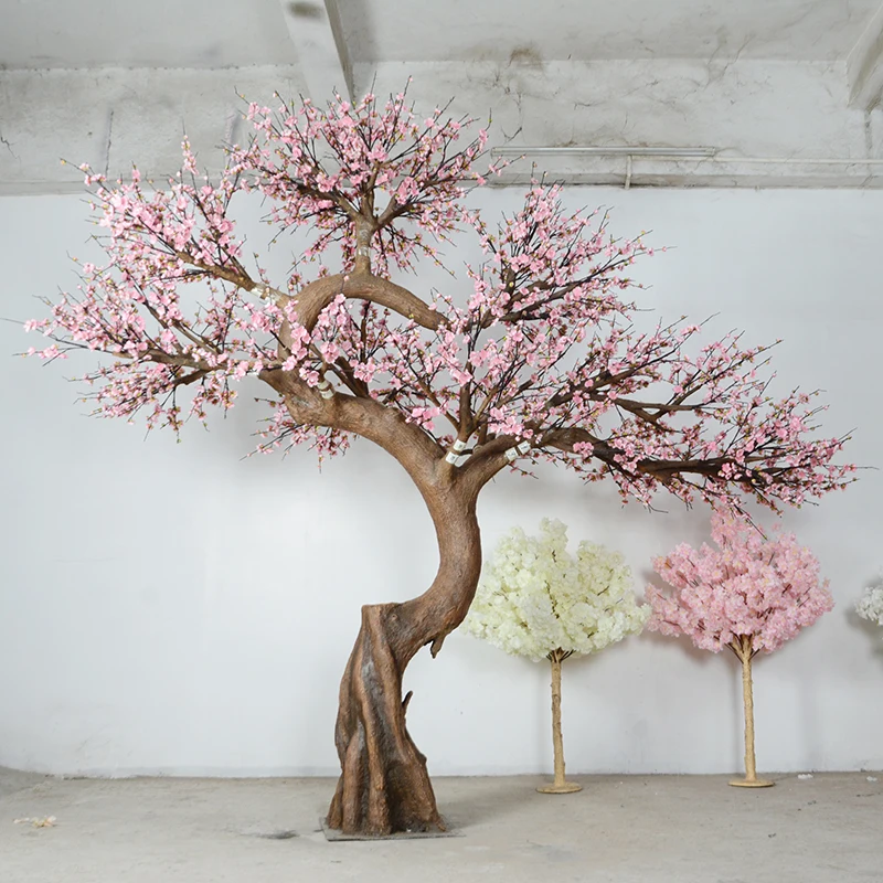 Chinese style home garden artworks indoor art decoration big artificial peach blossom tree red plum flower tree faux pine plant