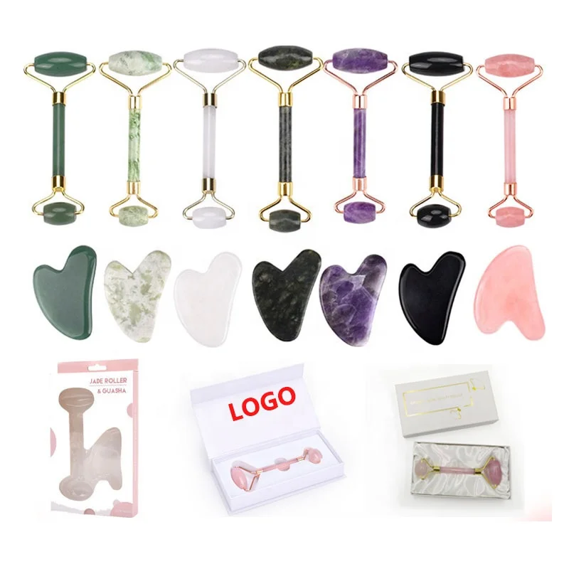 Customize Logo 100% Natural Jade Stone Roller Rose Quartz Face Body Guasha for Massage SPA Beauty Tool