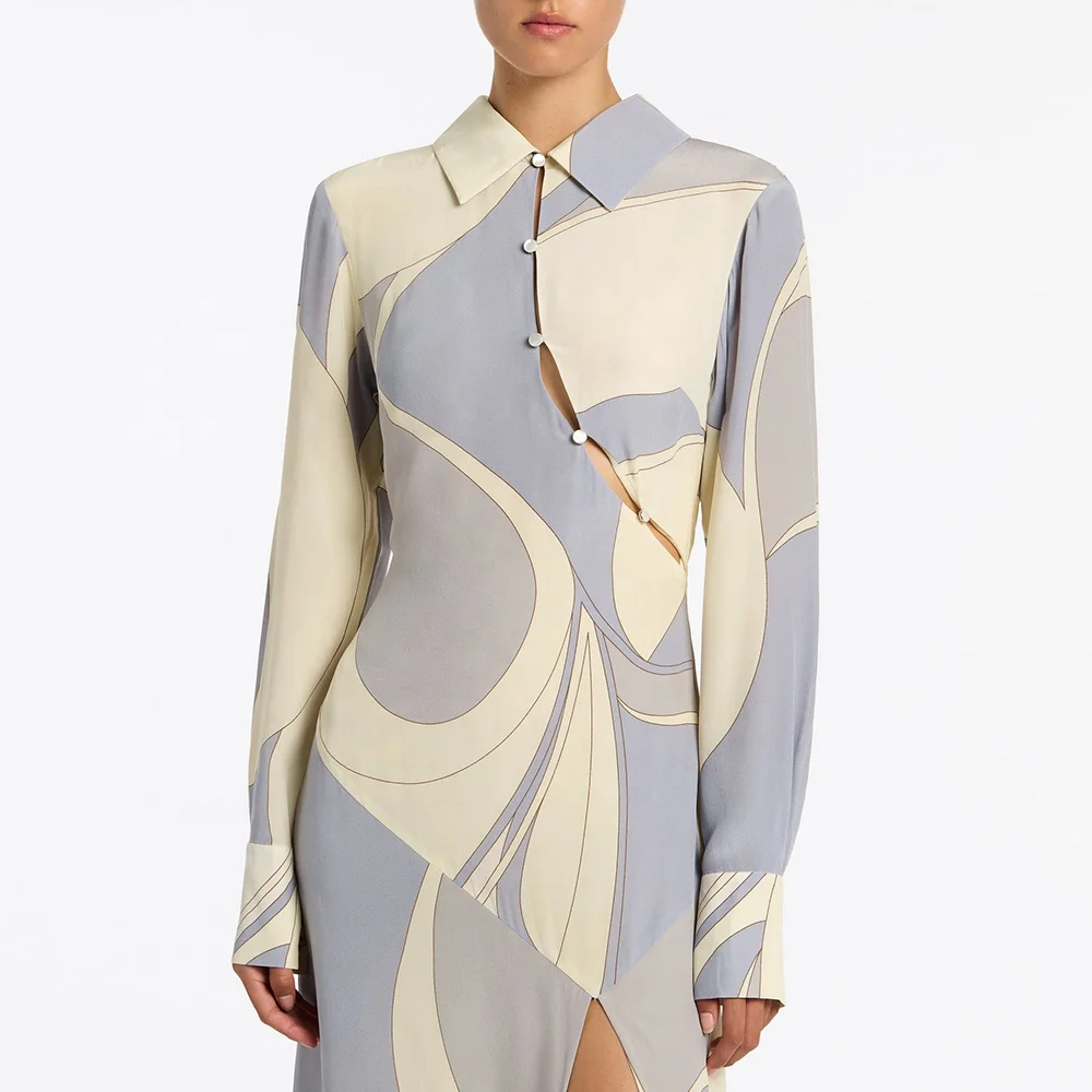 Muslim dresses Women Clothing Fashion Silk Satin Elegant Lapel Dress High split  Long Sleeve Button Shirt Casual Dresses