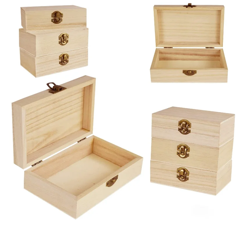 Hot Sale Natural Color Small Solid Wood Box With Hinged Lid For Tea Pine Paulownia