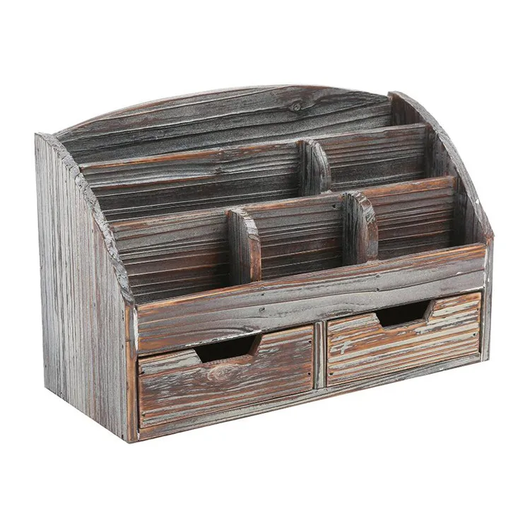 6 compartment 2 drawer supplies rack distressed torched pine wood desk organizer drawers