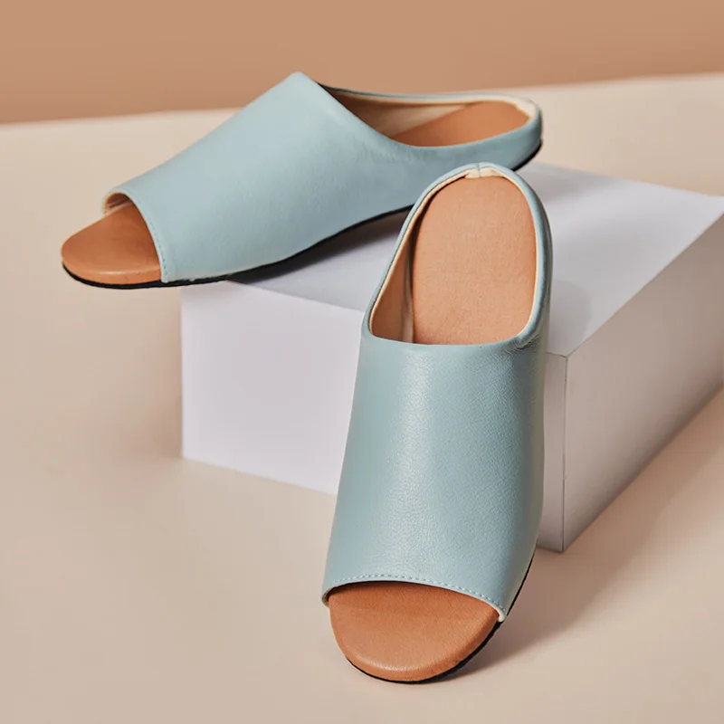 
Ladies Office Slides Cowhide Slippers Wooden Floor Mute Silent Deodorant Non-slip Open Toe Slipper 