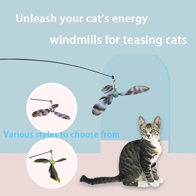Factory wholesale new windmill long pole hunting wire natural feather rotating windmill teaser cat wand self hi with bells