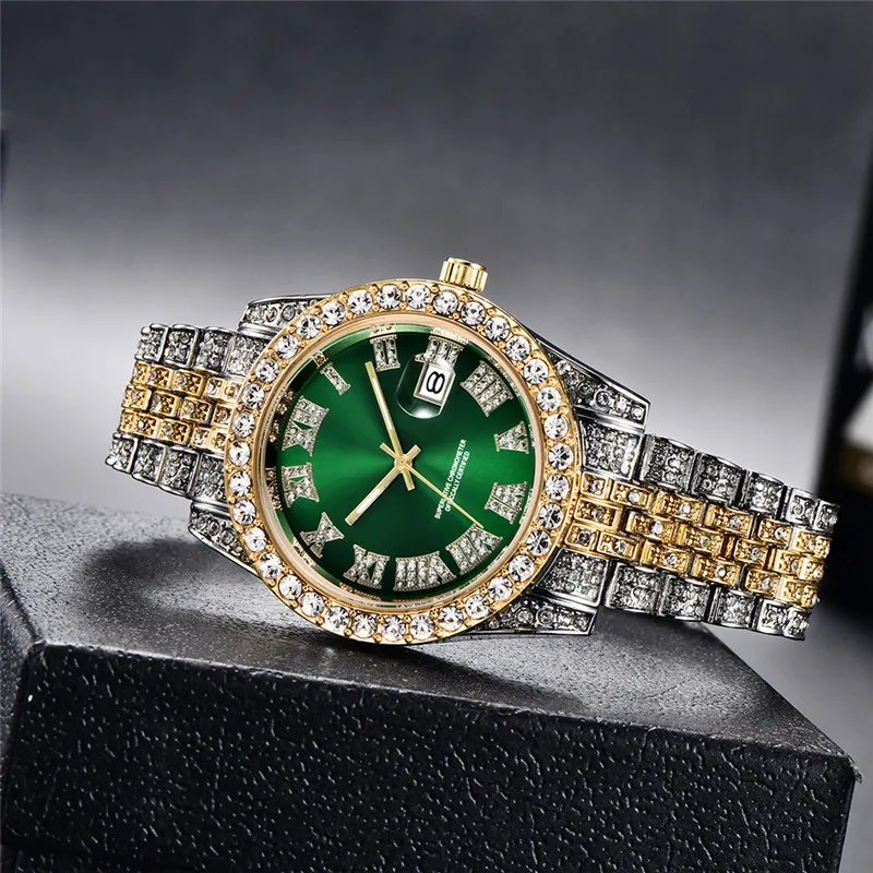 Fully Bling AAA Diamond Luxury Fashion Quartz Watches Gold Silver Role Relogio Masculino Steel Bracelet Mens Clock Dropshipping