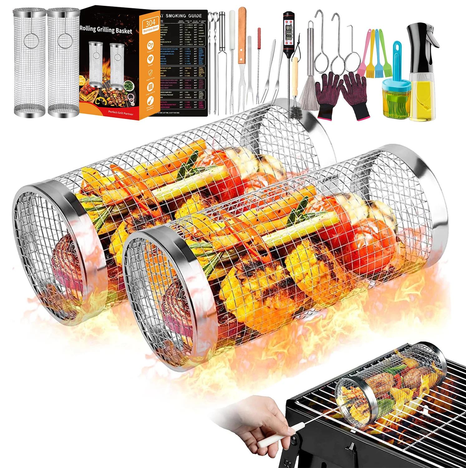 2023 Stainless Steel 2pcs Rolling Grilling Basket Net Portable Outdoor Camping Barbecue Rack Bbq Grill Basket for Roasting Meat