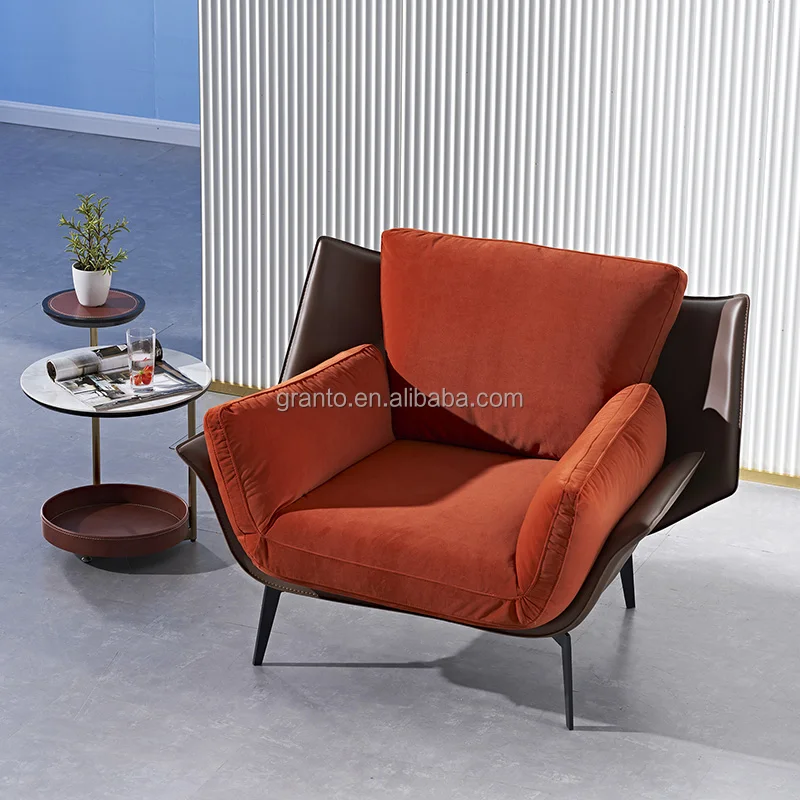 Nordic style sitting room leather sofa chair stainless steel recliner chair hotel lounger chair